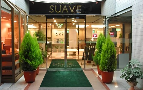 A hotel entrance with a glass door, a green carpet, and potted plants.