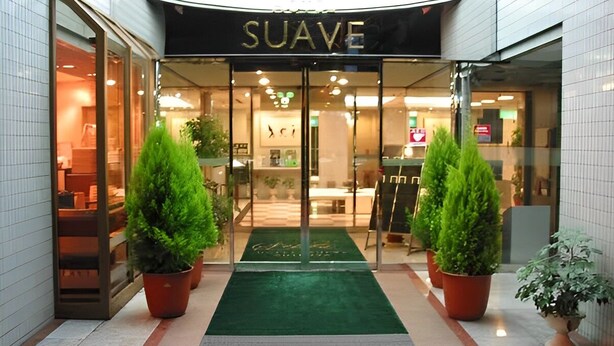 Een hotelentree met een glazen deur, een groen tapijt en potplanten.
