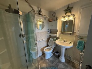 Regadera, secadora de cabello, toallas, jabón 