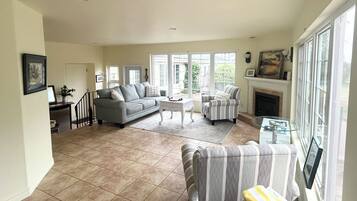 Smart TV, fireplace, DVD player, books