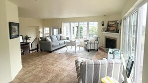 TV connectée, cheminée, lecteur de DVD, livres