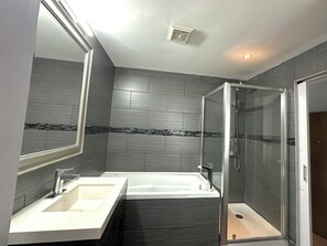 Hair dryer, towels, soap, toilet paper