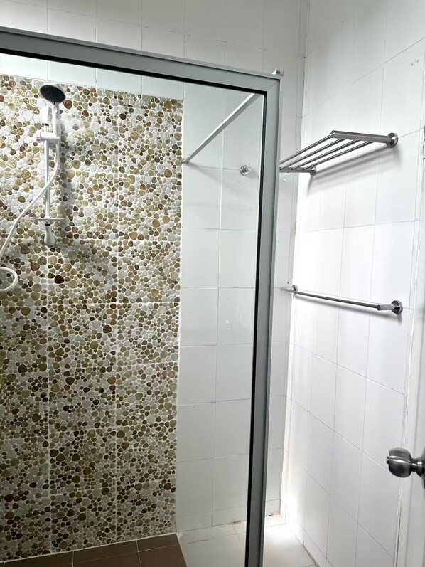 Shower, hair dryer, bidet, towels