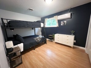 4 bedrooms, desk, iron/ironing board, travel cot