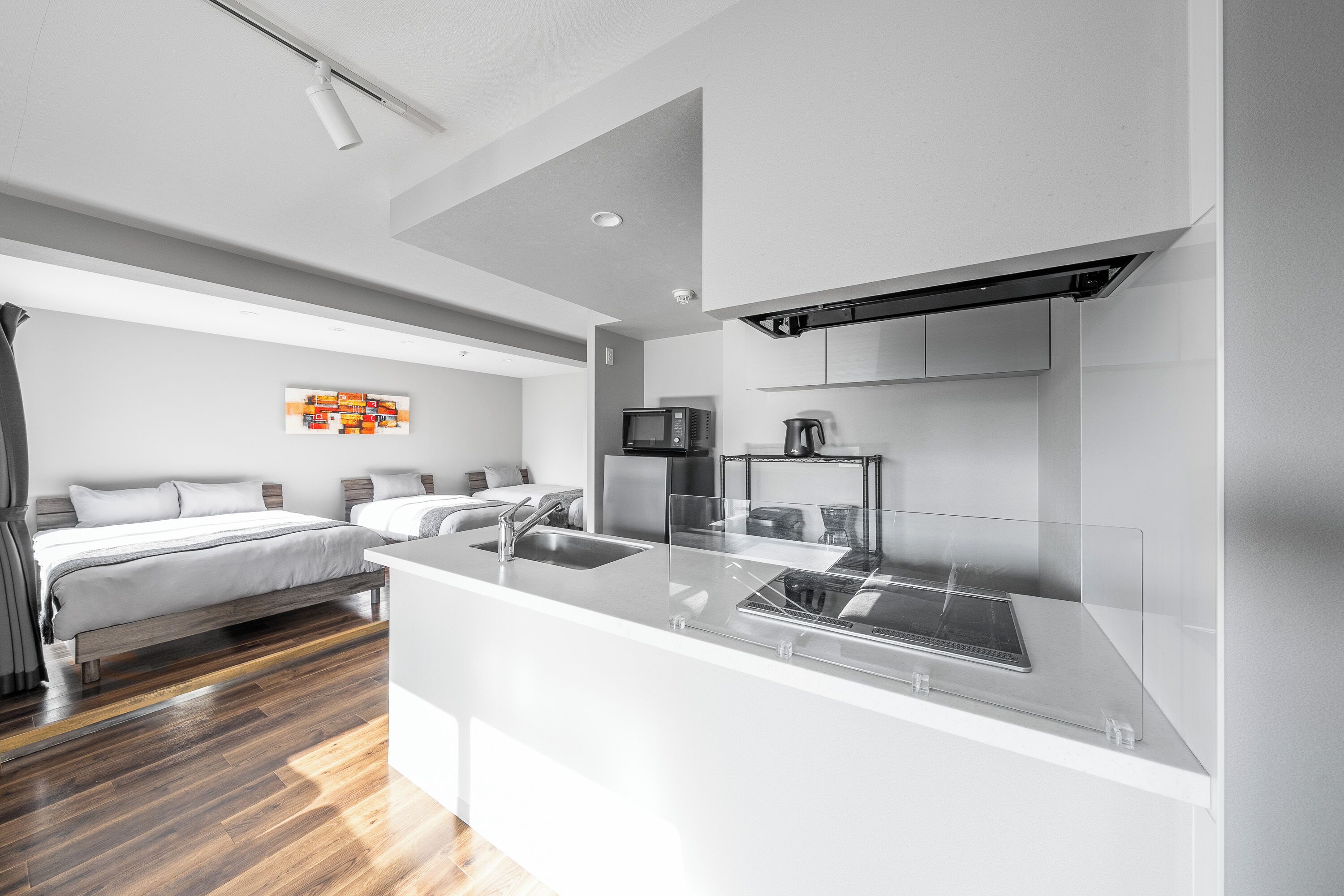 Een koelkast/vriezer, een magnetron, een kookplaat, een broodrooster