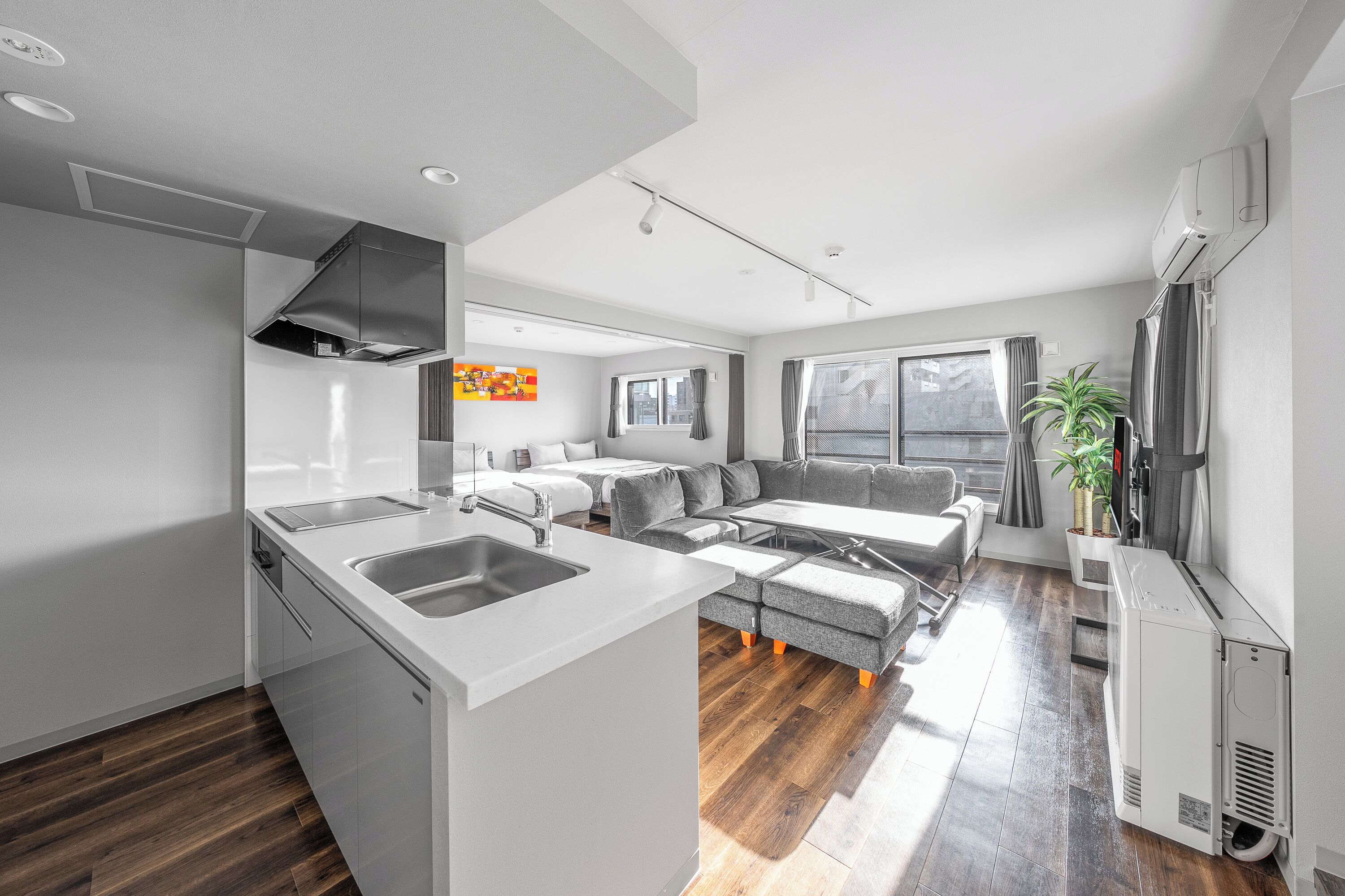 Full-size fridge, microwave, stovetop, toaster