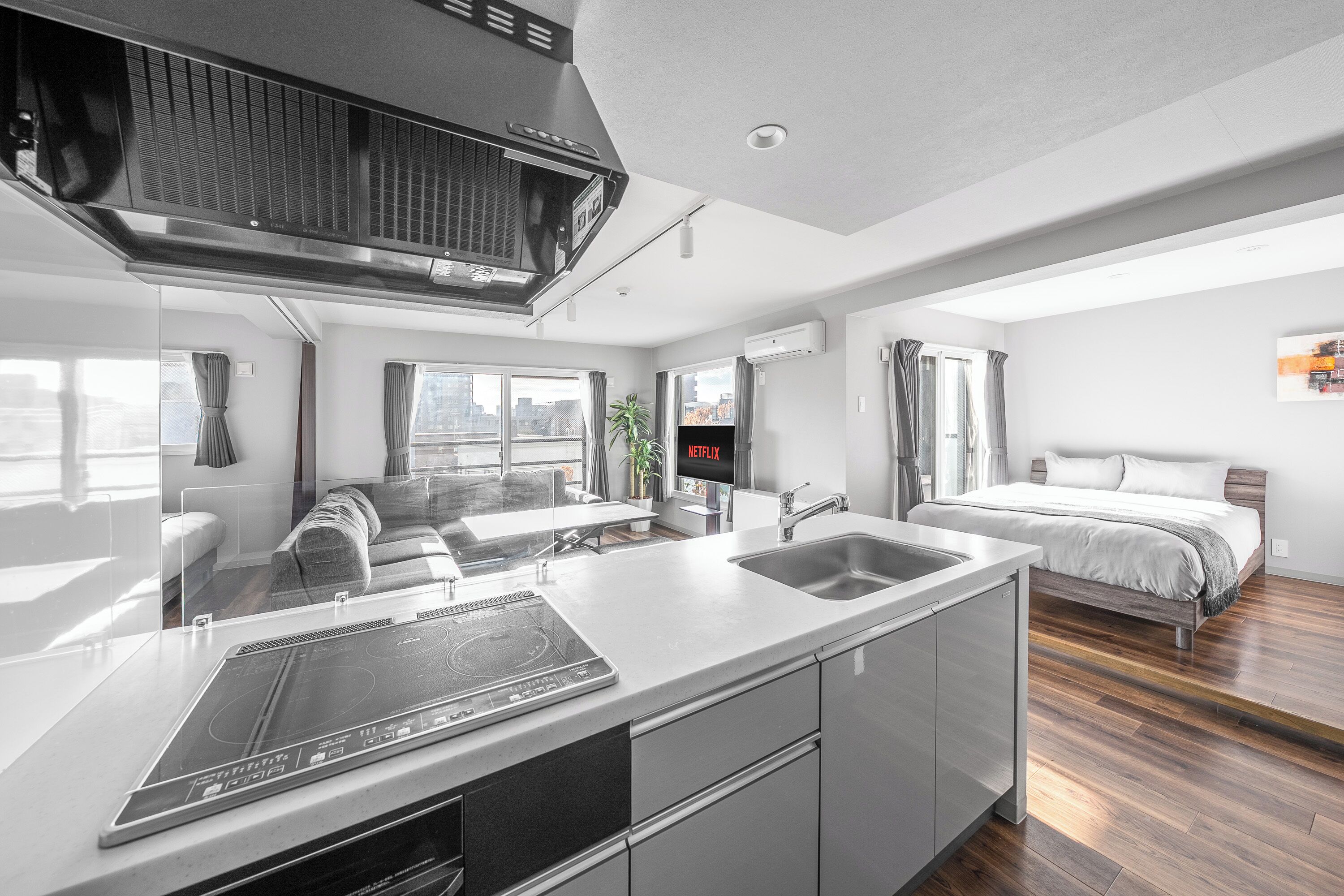 Full-size fridge, microwave, stovetop, toaster