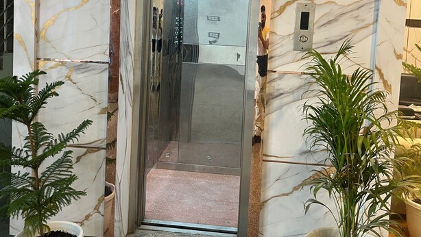 An elevator entrance with marble walls and potted plants. - Hotel Aero Fly (New Delhi)