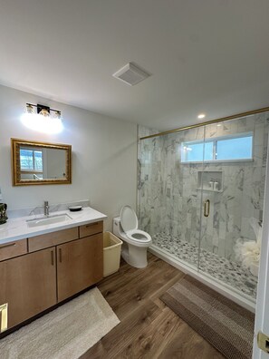 Hair dryer, towels, soap, toilet paper