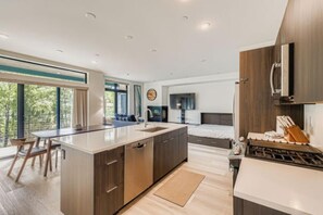 Fridge, microwave, dishwasher, coffee/tea maker