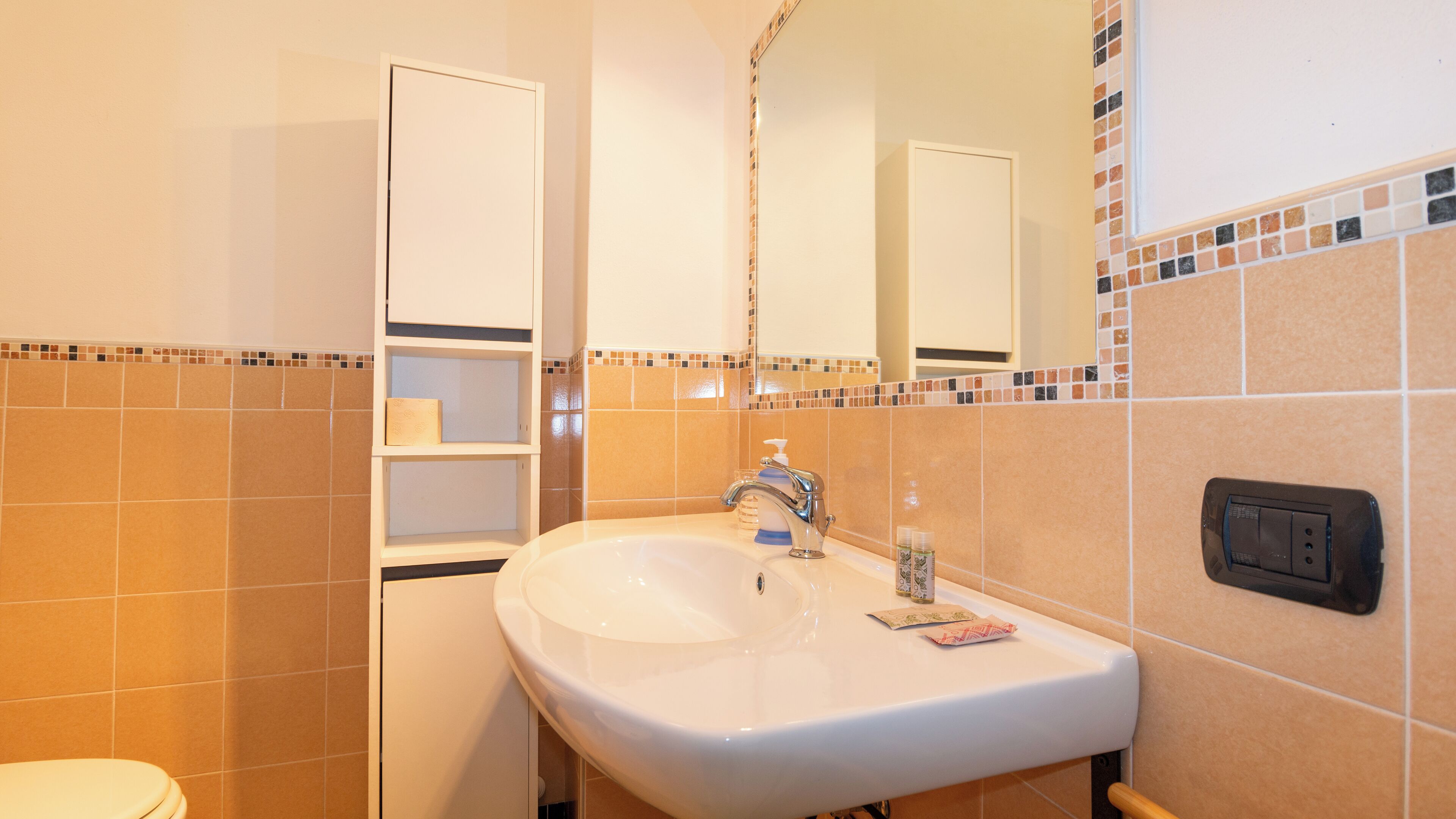 A bathroom with a white sink, a mirror, and a toilet. There are shelves above the sink and a wall socket on the right.