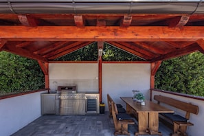 Family House, 3 Bedrooms, 2 Bathrooms, Mountainside (Villa Natali With Pool And Sea View) | Private kitchen | Fridge, microwave, oven, stovetop
