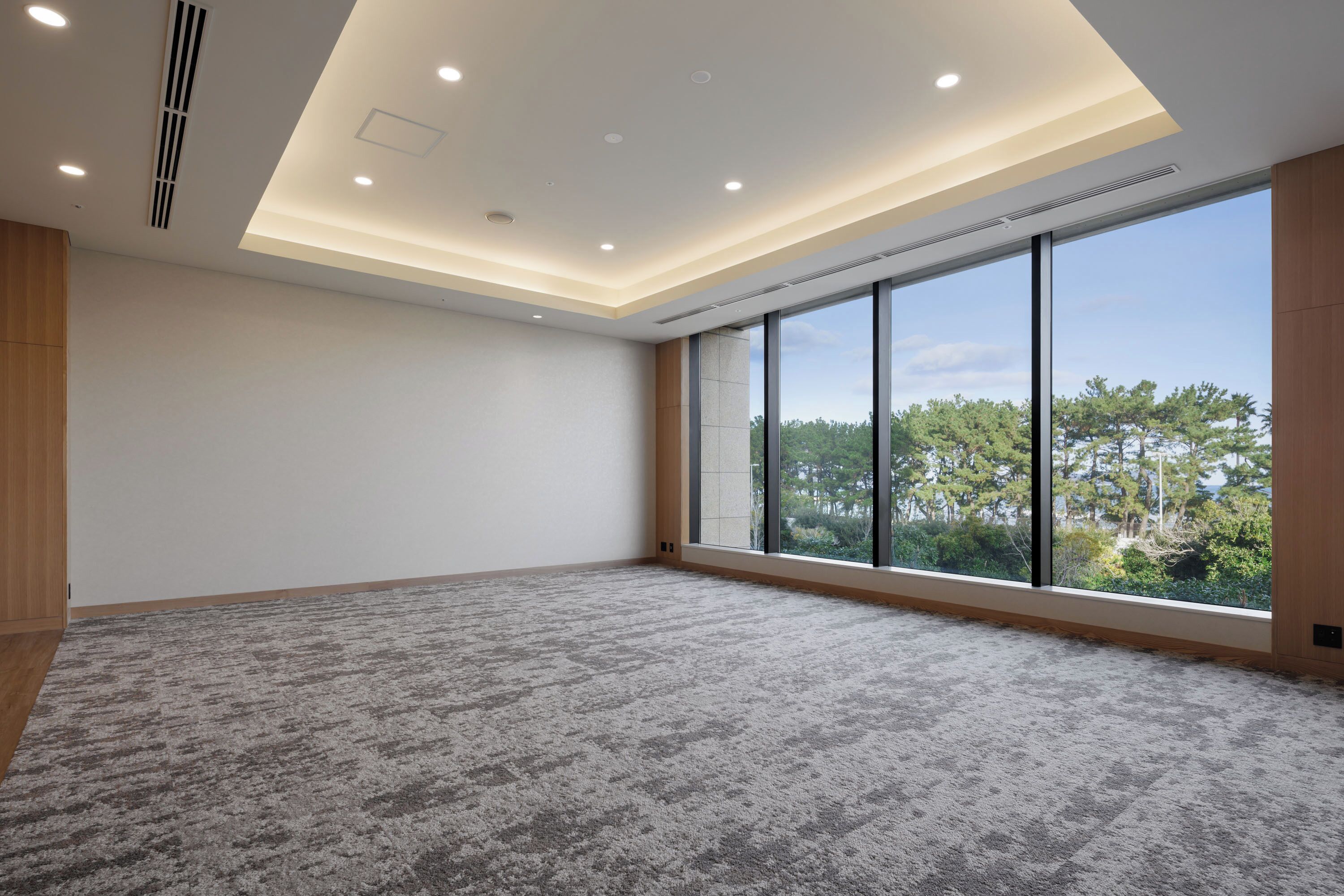 A spacious room with a large window, carpeted floor, and recessed ceiling lighting.