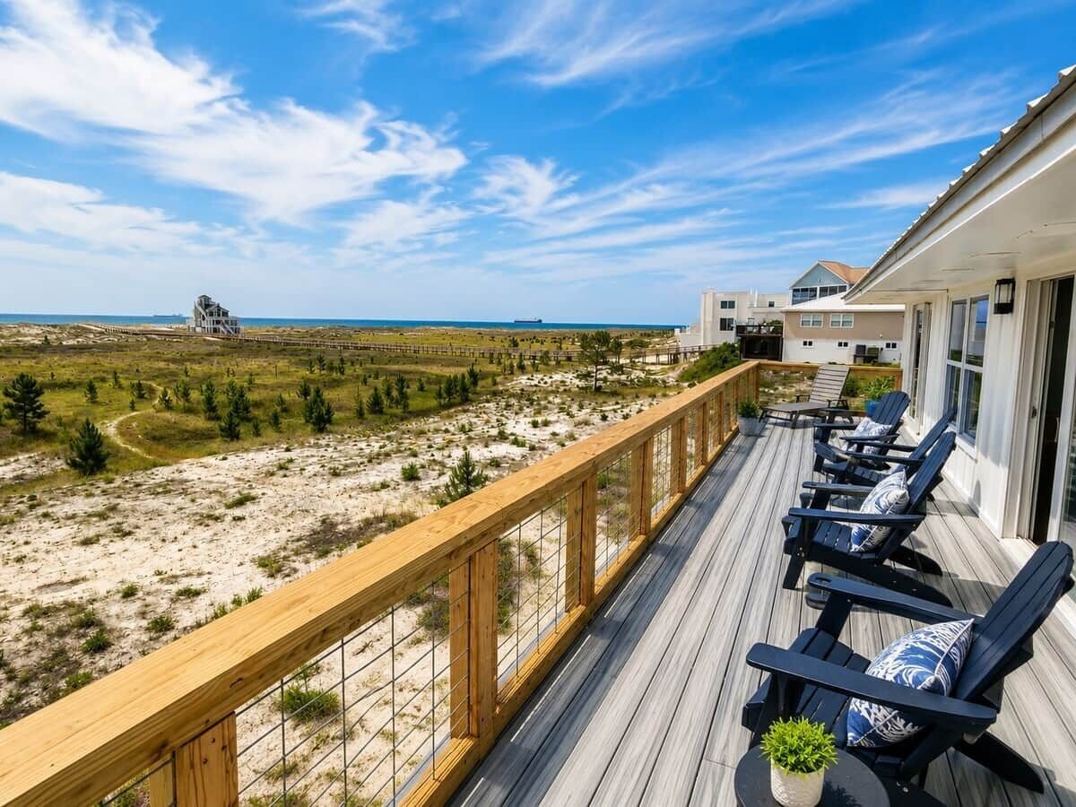 Une terrasse avec coin salon extérieur, offrant une vue sur la plage et les dunes.