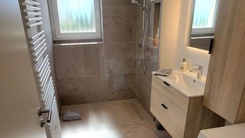 Shower, hair dryer, soap, toilet paper