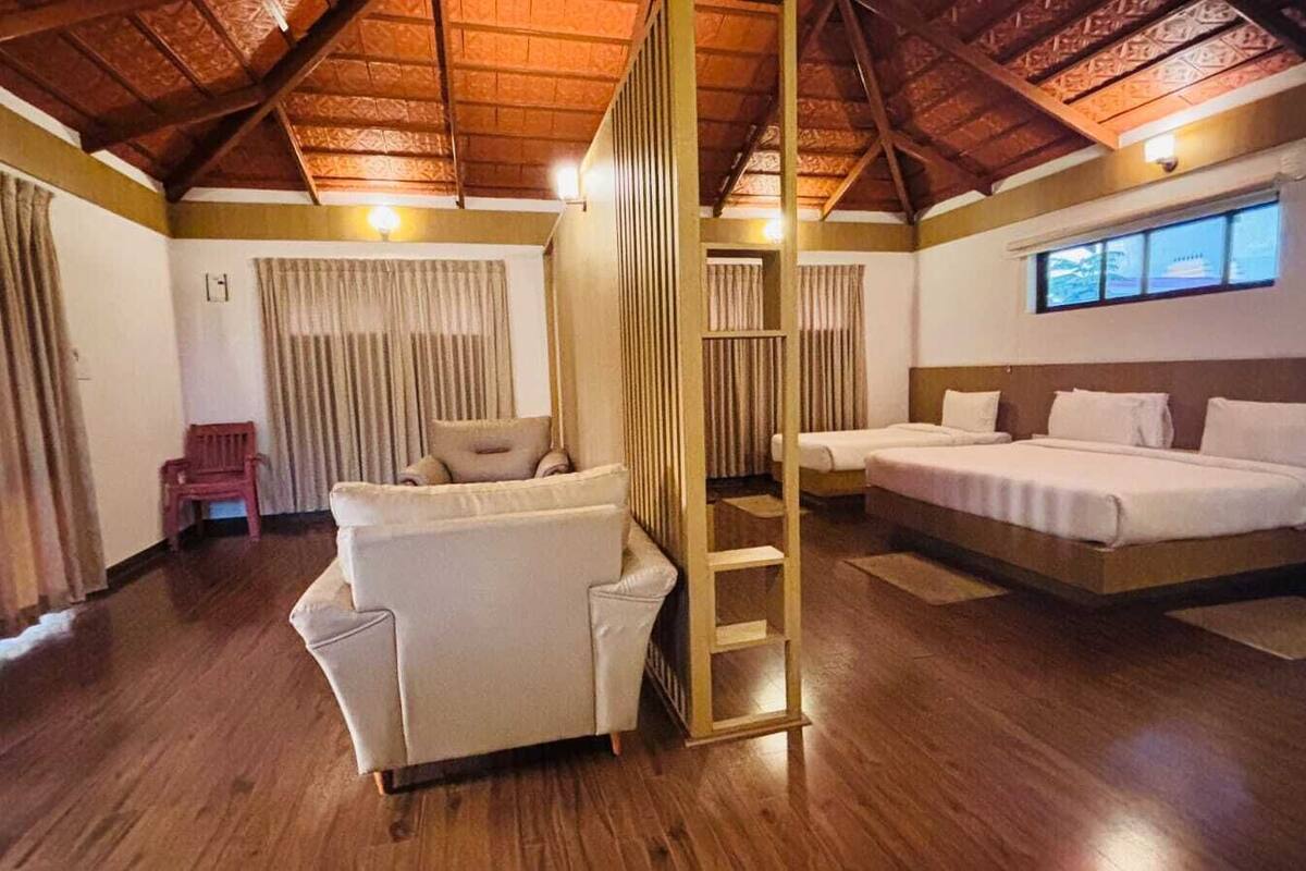 Une pièce avec un plafond en bois, un canapé, un lit et une échelle.