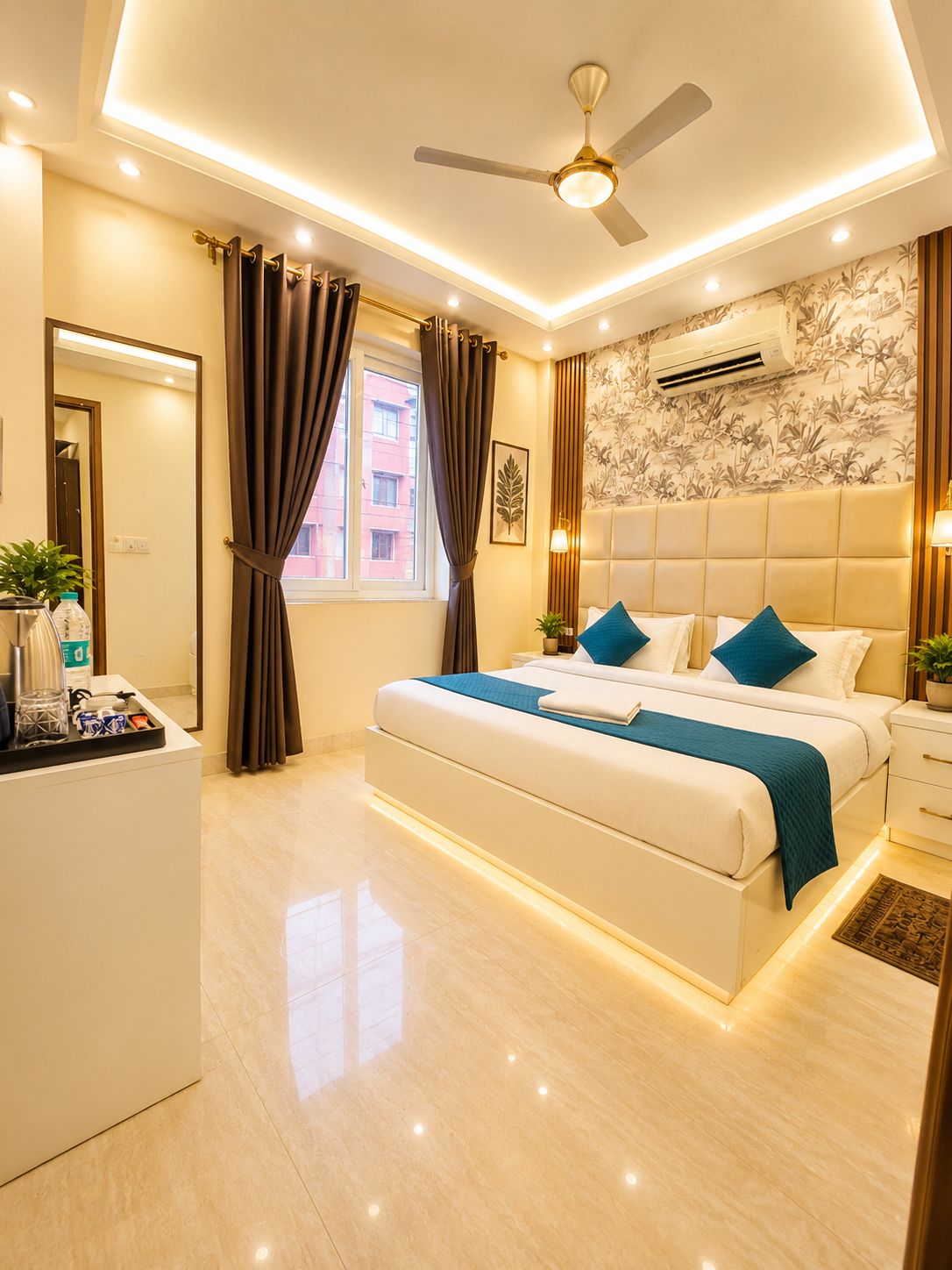 Ein modernes Hotelzimmer mit Bett, Nachttischen, Deckenventilator und einem Fenster mit Vorhängen.
