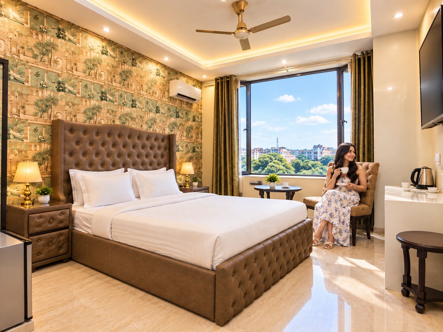 Une chambre d’hôtel avec un grand lit, un coin salon, une télévision et une vue sur la ville.