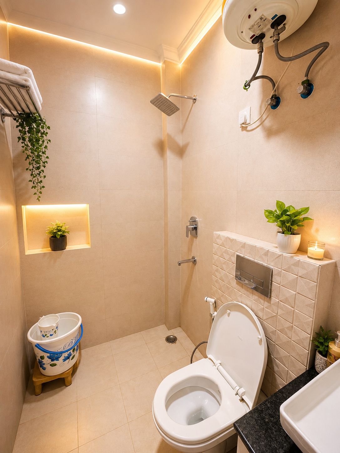 A modern bathroom with a toilet, shower, and sink.