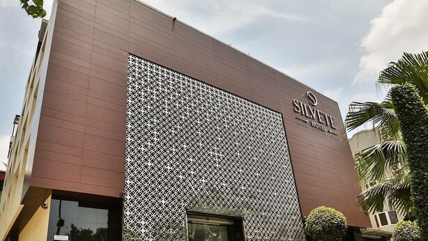 A hotel with a modern facade, a patterned entrance, and potted plants in the foreground. - Hotel Silvete (Lucknow)