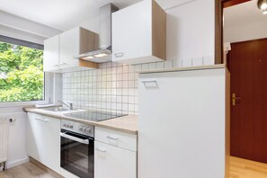 Fridge, oven, stovetop, coffee/tea maker