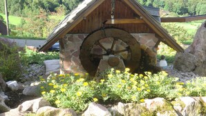 Eine rustikale Wassermühle mit steinernem Fundament und Holzkonstruktion, umgeben von einem Garten mit gelben Blumen und einem bewaldeten Berghang im Hintergrund.