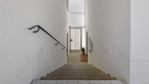 Una escalera estrecha con barandilla, una planta en maceta al pie y una puerta en la parte superior.