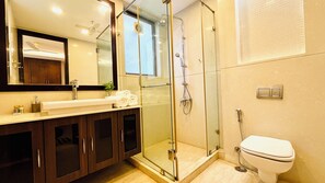 Hair dryer, soap, toilet paper