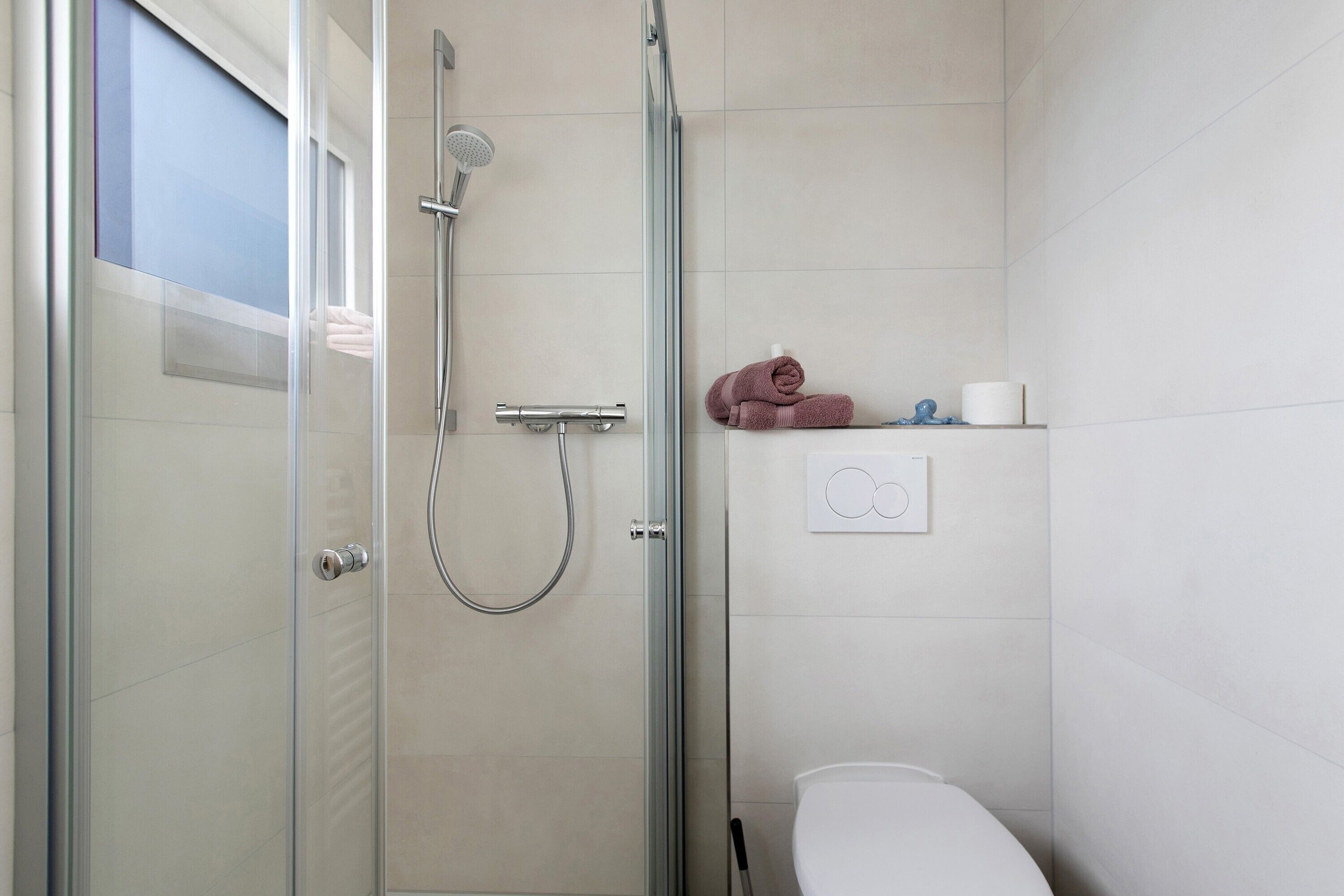 A modern bathroom with a glass shower enclosure, a toilet, and a shelf with towels and toiletries.