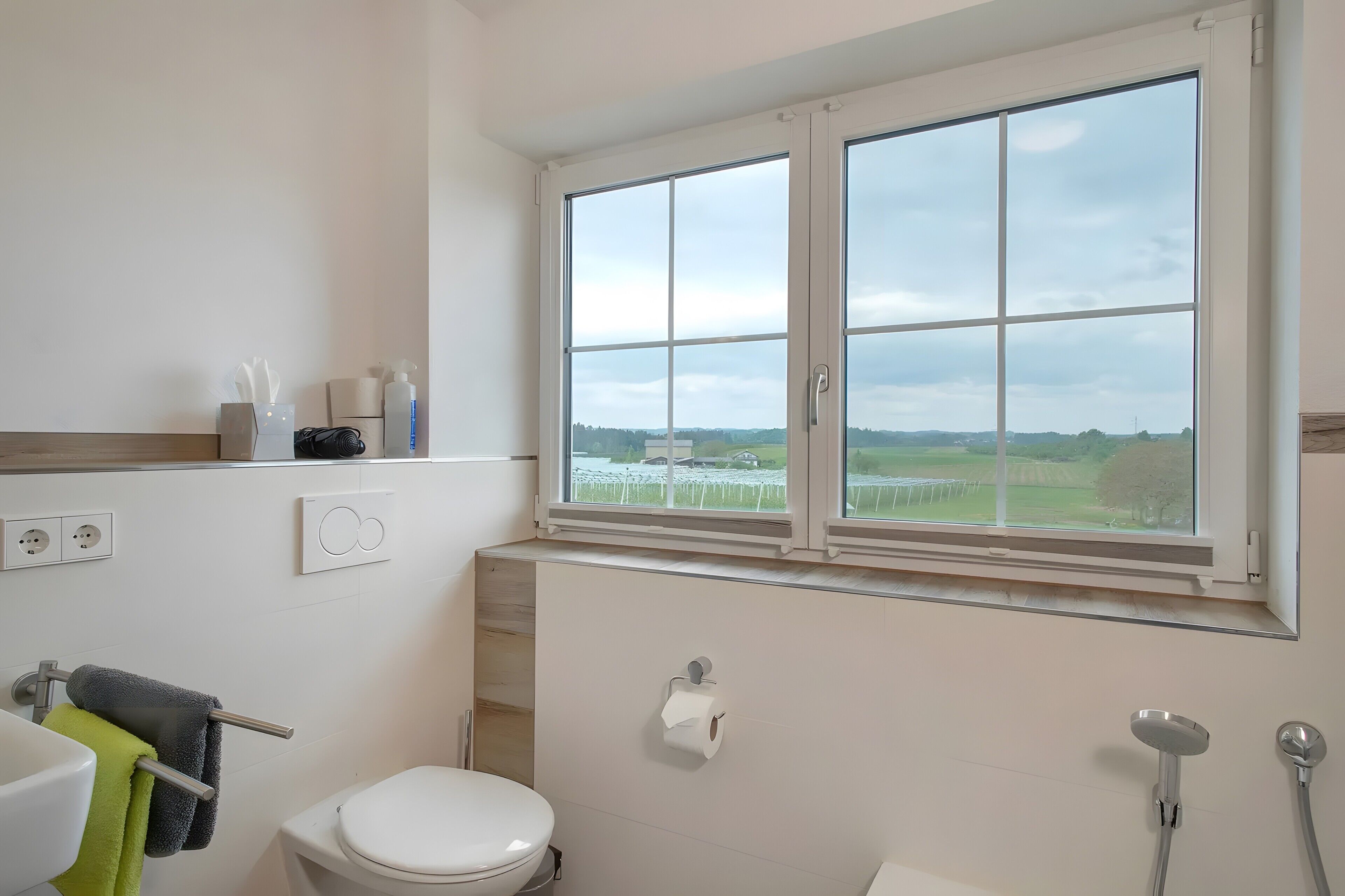 A bathroom with a toilet, a sink, a window with a view of the countryside, and a shower.