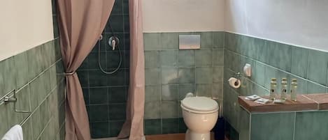 Casa de banho com cortina de chuveiro, sanita, lavatório e janela.