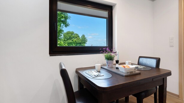 A dining area with a table, chairs, a window with blinds, and a potted plant.