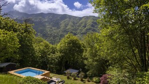 A pool area with lounge chairs and a hot tub, surrounded by lush greenery and mountains in the background. - Il Castagneto by Interhome (Iseo)