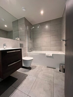 Shower, hair dryer, towels