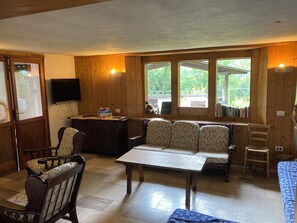 Smart TV, fireplace, books