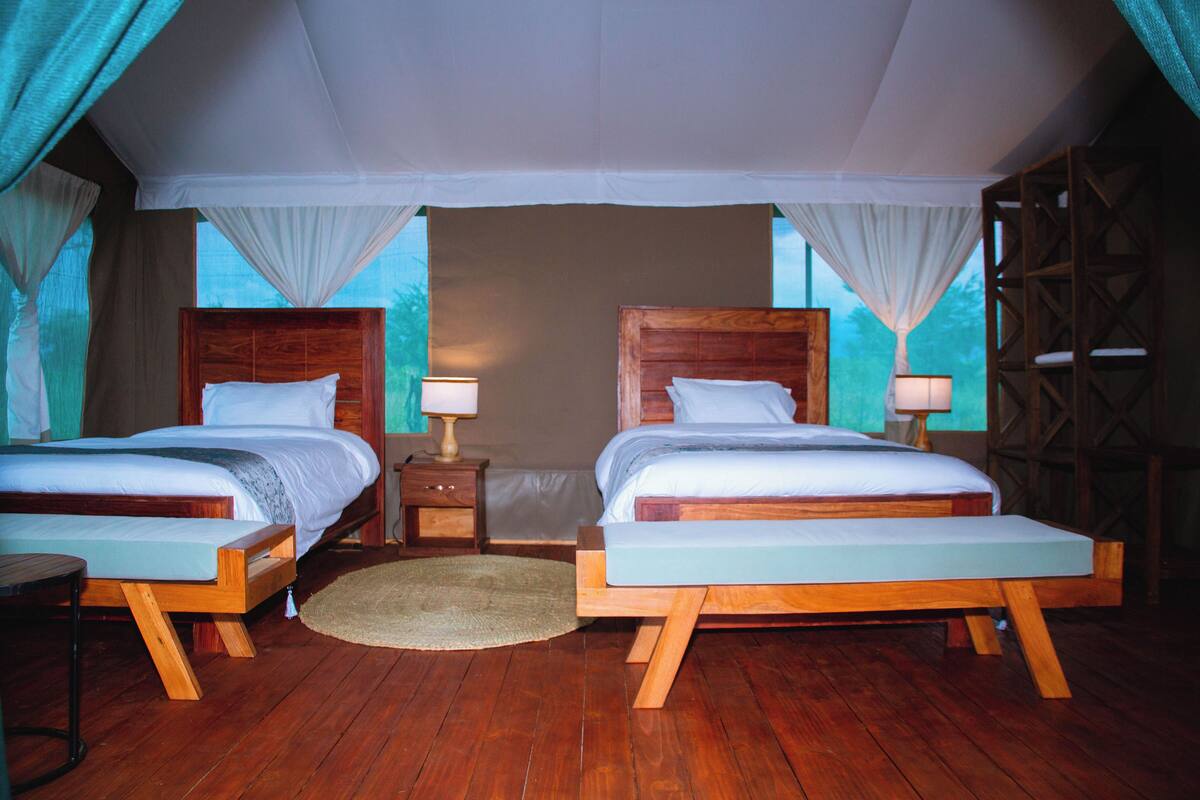 Une chambre avec un lit double doté d’une tête de lit en bois, une table de chevet avec une lampe et une vue sur l’extérieur par une fenêtre.
