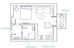 A floor plan with an entrance, bathroom, kitchen area, balcony, and a living area with a sofa and a TV.