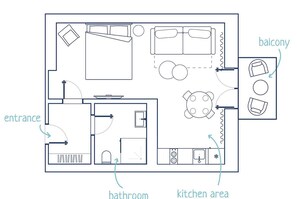 A floor plan with an entrance, bathroom, kitchen area, balcony, and a living area with a sofa and a TV.