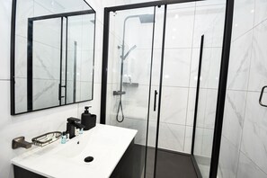 Shower, hair dryer, towels, shampoo