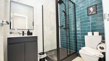 Shower, hair dryer, towels