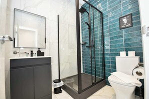 Shower, hair dryer, towels