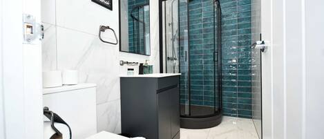 Shower, hair dryer, towels, shampoo