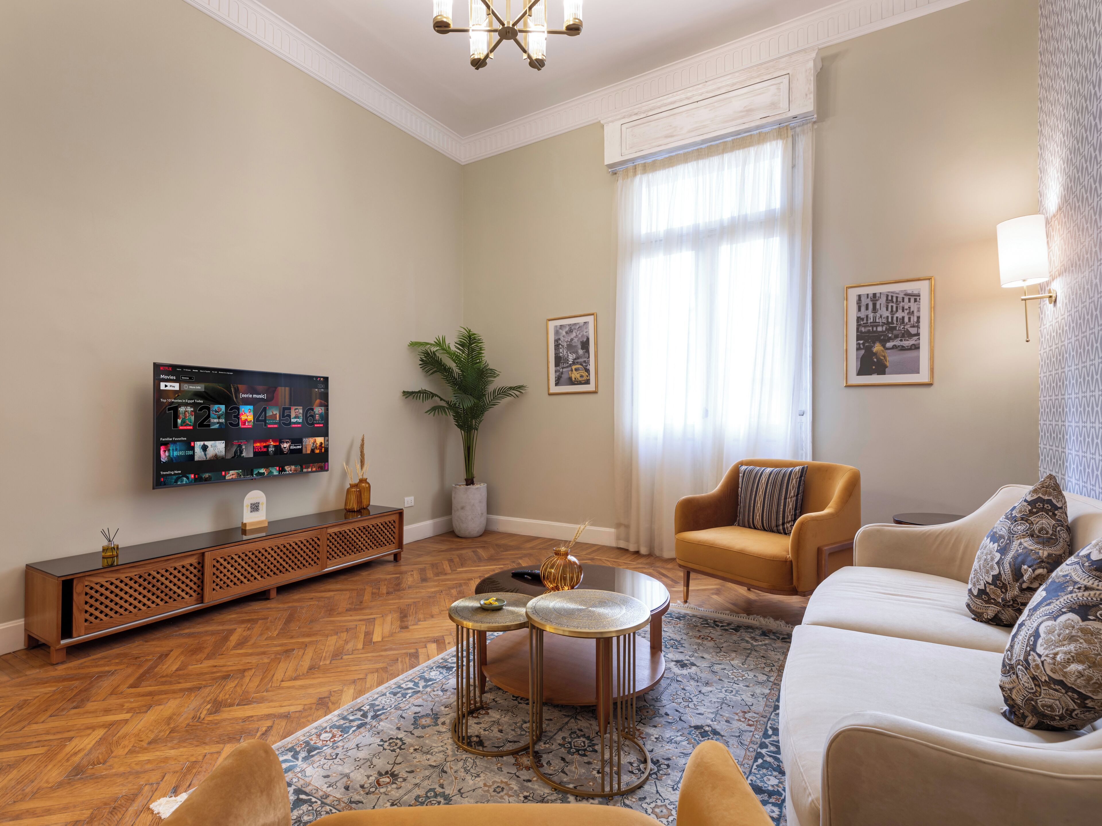 A living room with a flat-screen TV, a potted plant, a sofa, a coffee table, and a patterned rug.