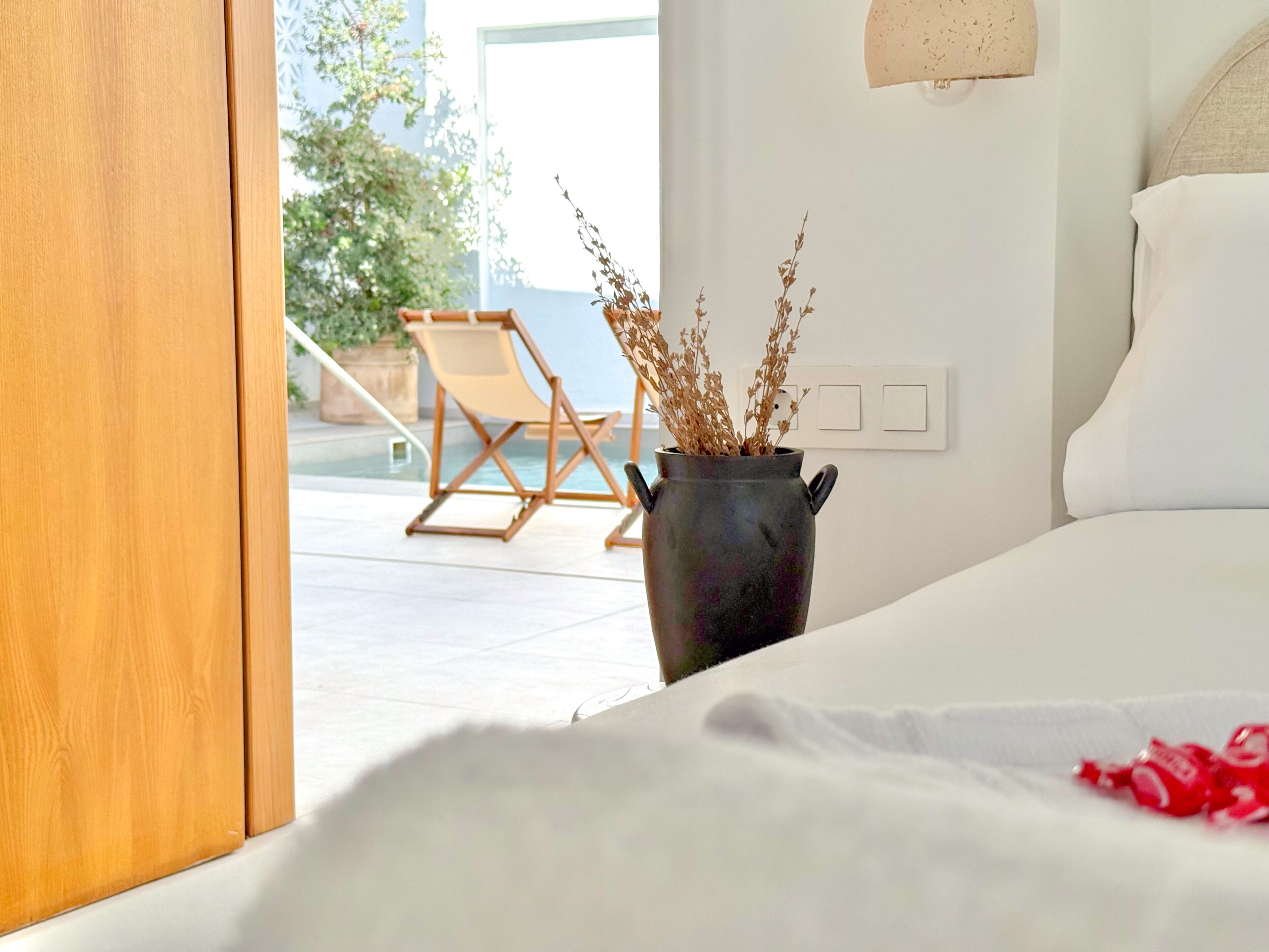 Un dormitorio con cama, planta en maceta, silla y vista al exterior.