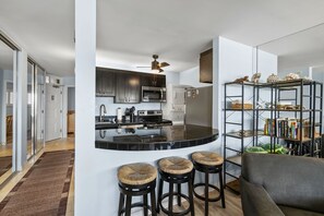 Fridge, microwave, oven, stovetop