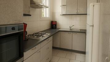 Fridge, microwave, oven, stovetop