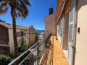 A narrow balcony with a metal railing, potted plants, and a view of the sea and buildings. - belle-époque (Cannes)
