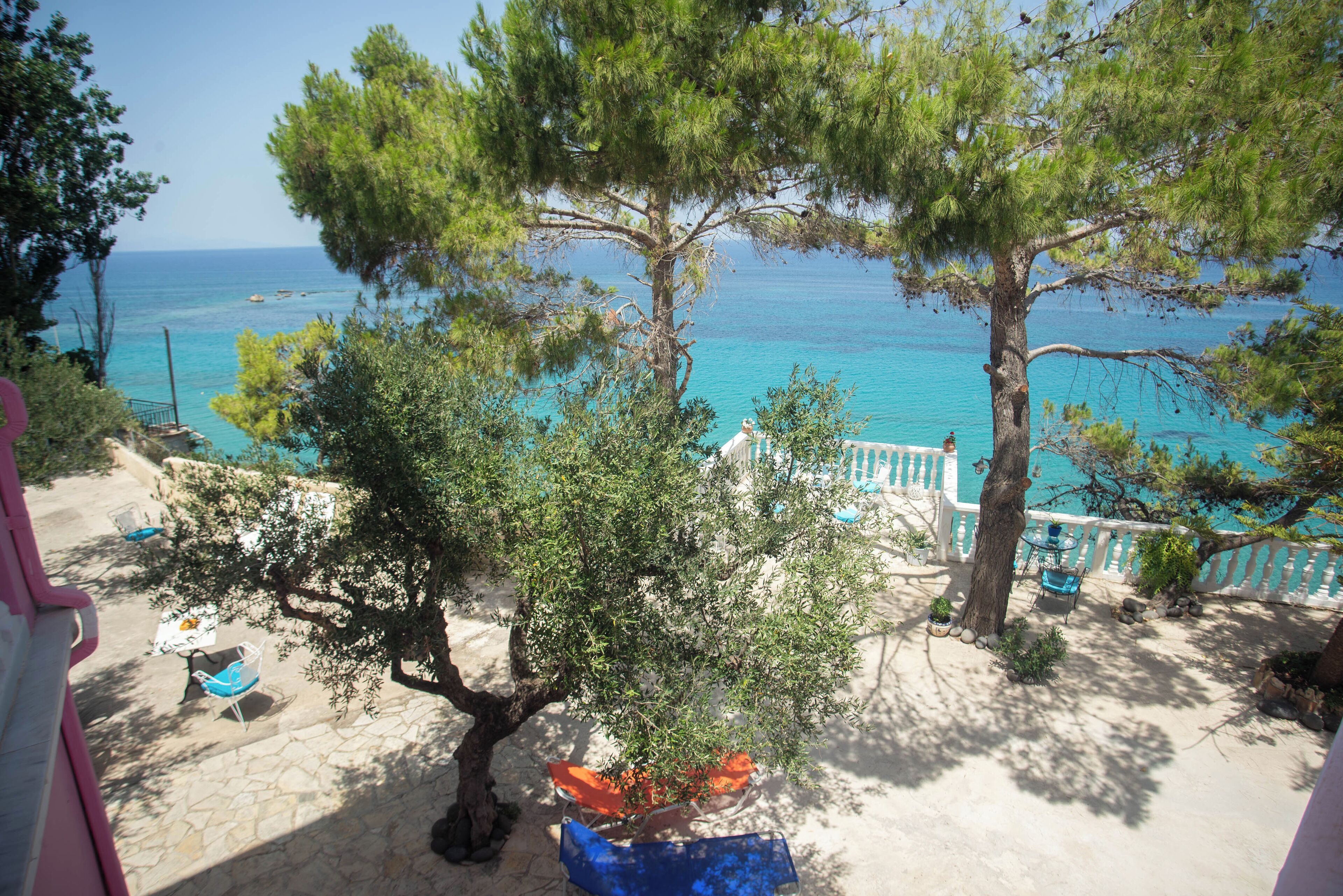 Una terraza con mesas al aire libre, vistas al mar y un árbol en primer plano.