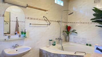 Hair dryer, towels, toilet paper