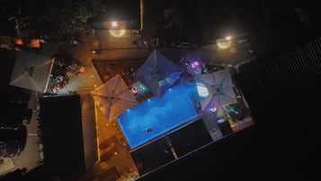 Outdoor pool, pool umbrellas, pool loungers